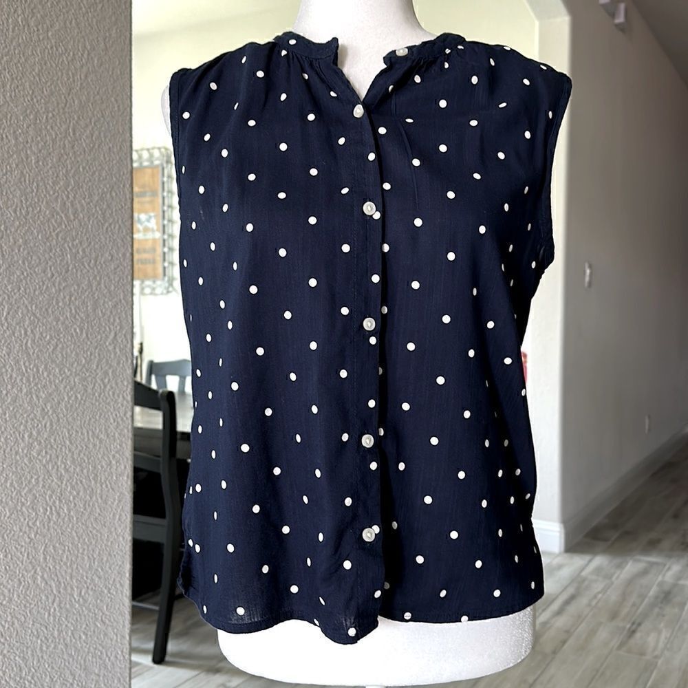 Old Navy Blue Sleeveless Button Down White Polla Dots Cotton Viscose XS Nautic
